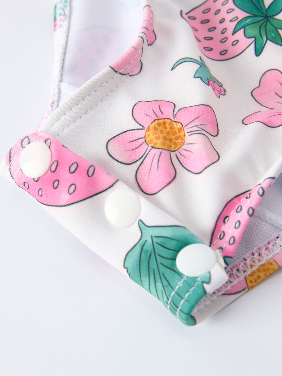 Strawberry Floral Print Long Sleeve Girls One Piece Swimsuit