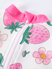 Strawberry Floral Print Long Sleeve Girls One Piece Swimsuit