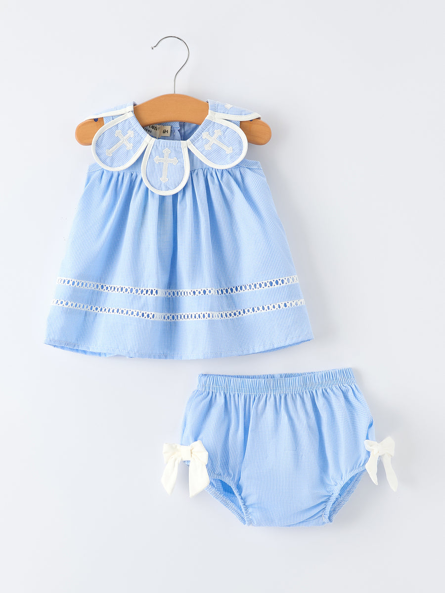 Blue Petal Peter Pan Collar Christening Baby Girls Bloomer Set