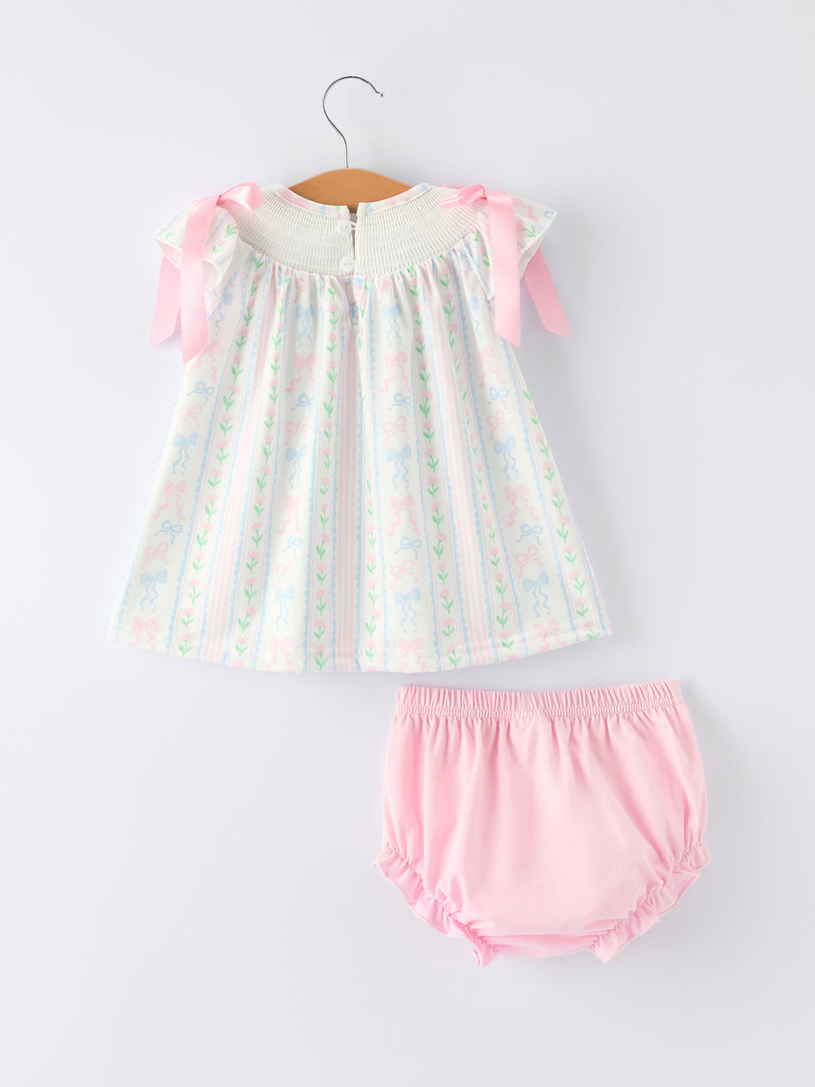 Girl Bow Stripe Smocked Baby Girls Bloomer Set