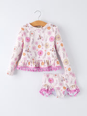 Girls Floral Bee Long Sleeve Ruffle Swimsuit Set