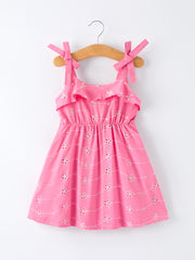 Pink Color Girl Bow Strap Ruffle Dress