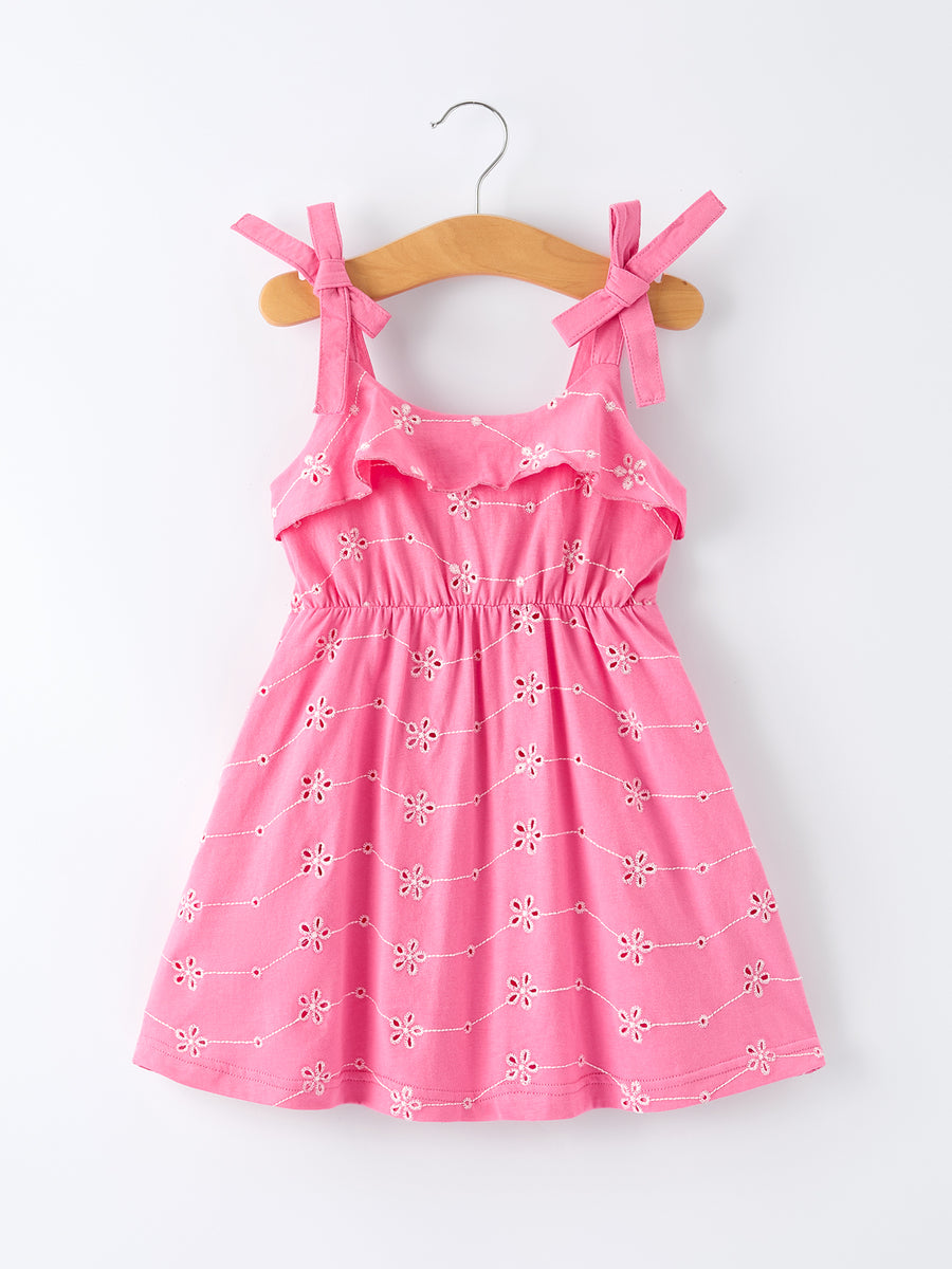 Pink Color Girl Bow Strap Ruffle Dress