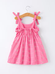 Pink Color Girl Bow Strap Ruffle Dress