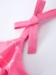 Pink Color Girl Bow Strap Ruffle Dress
