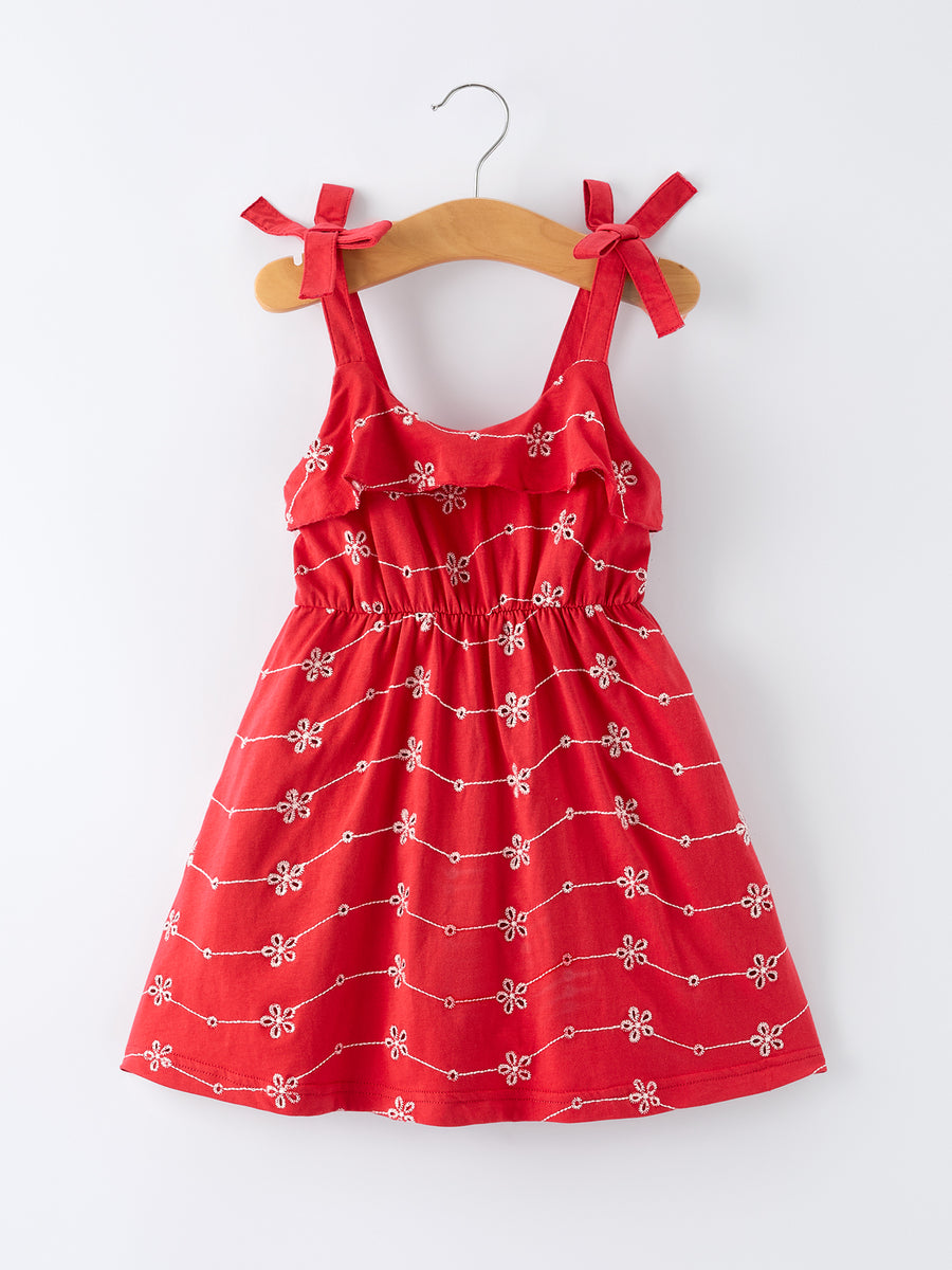 Red Color Girl Bow Strap Ruffle Dress