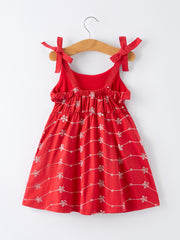 Red Color Girl Bow Strap Ruffle Dress