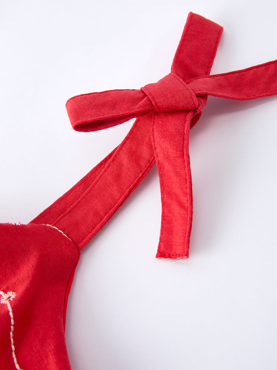 Red Color Girl Bow Strap Ruffle Dress
