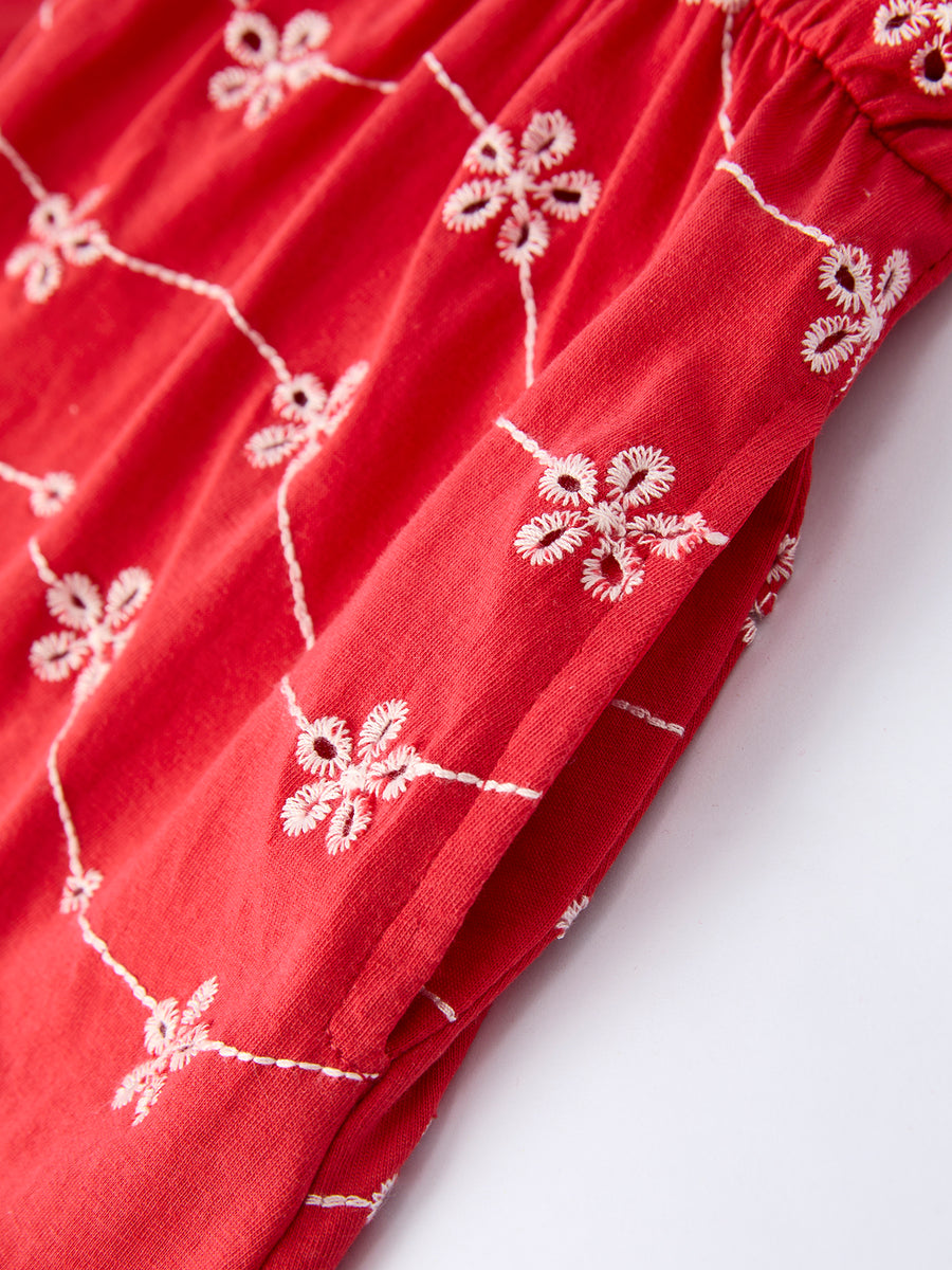 Red Color Girl Bow Strap Ruffle Dress