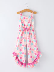 Girl Colorful Floral Ruffle Sling Flared Jumpsuit