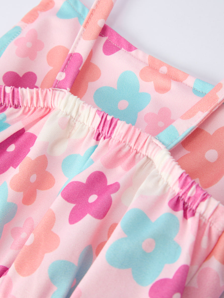 Girl Colorful Floral Ruffle Sling Flared Jumpsuit