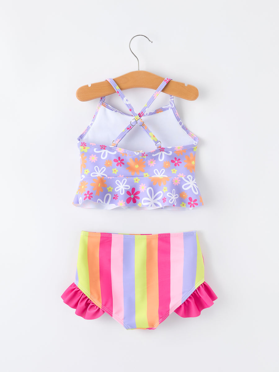 Summer Rainbow Striped Girls Two Piece Swimsuit