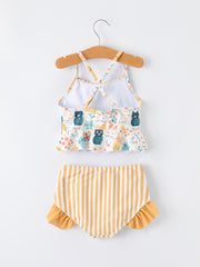 Summer Cat Print Girls Two Piece Swimsuit