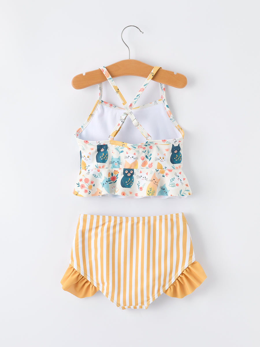 Summer Cat Print Girls Two Piece Swimsuit