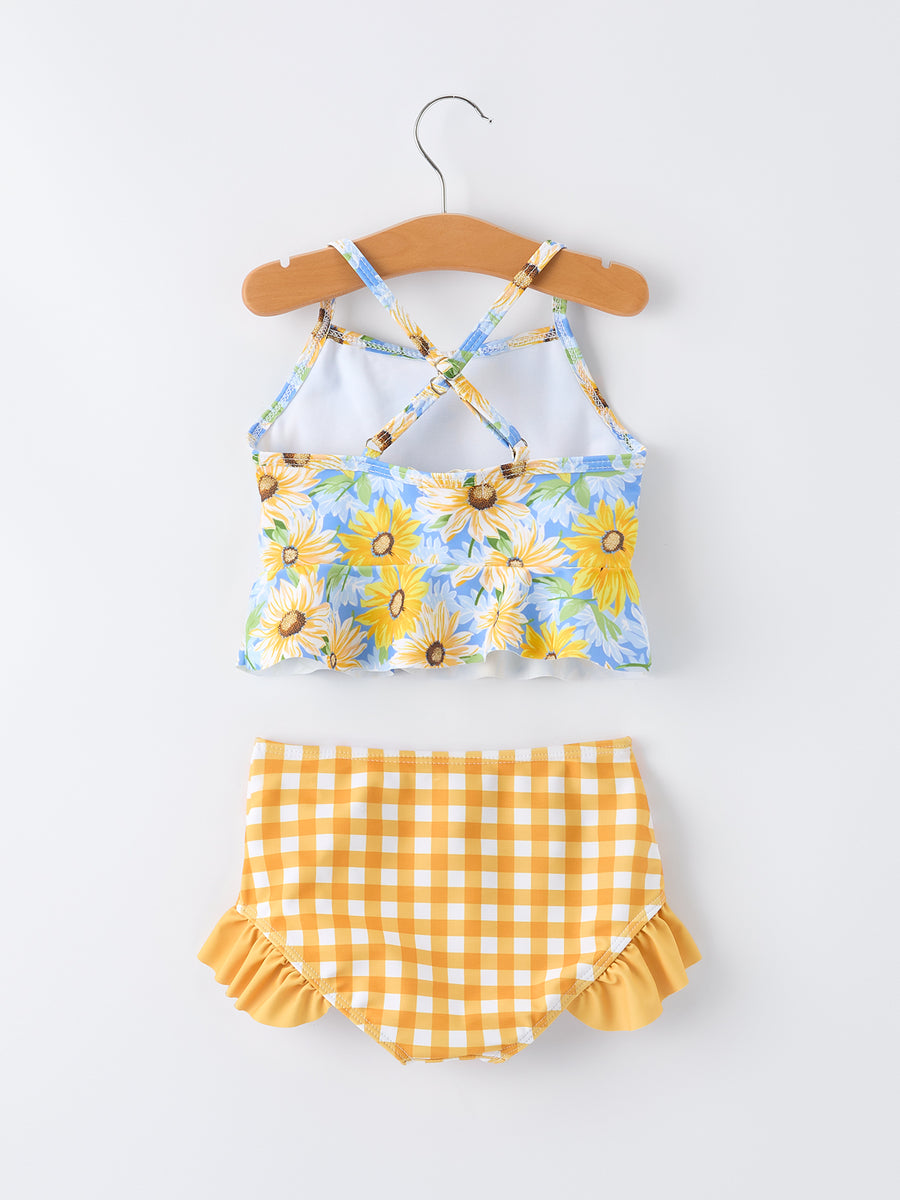 Summer Sunflower Plaid Girls Two Piece Swimsuit