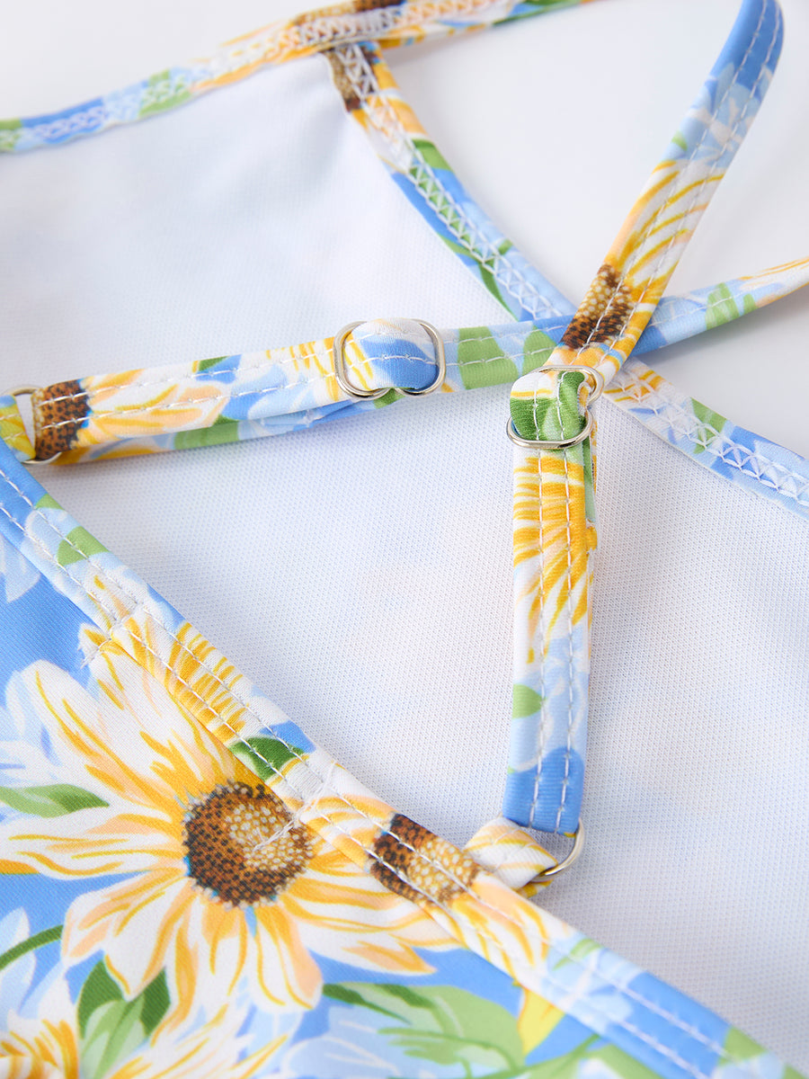 Summer Sunflower Plaid Girls Two Piece Swimsuit