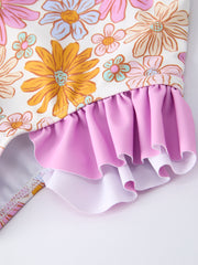 Floral Print Girls Ruffle Leg One Piece Swimsuit