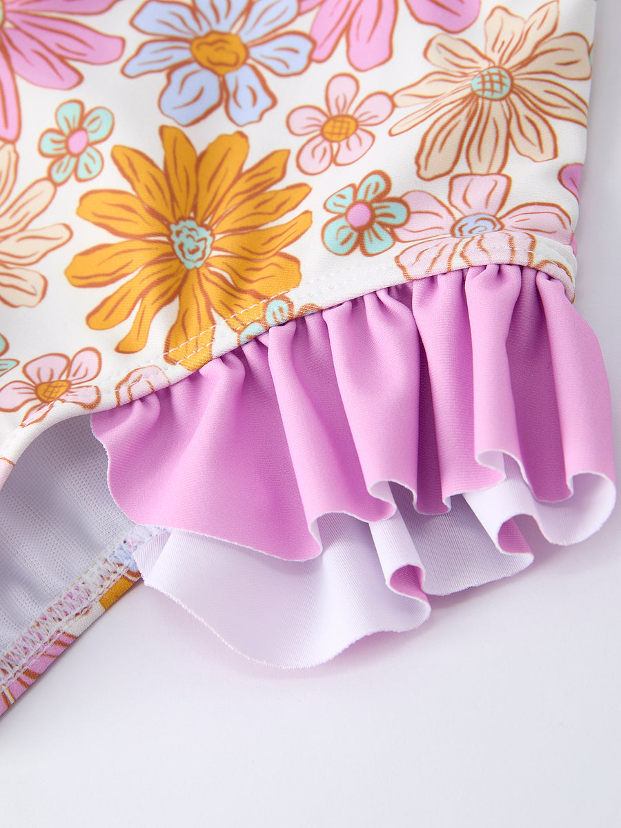 Floral Print Girls Ruffle Leg One Piece Swimsuit