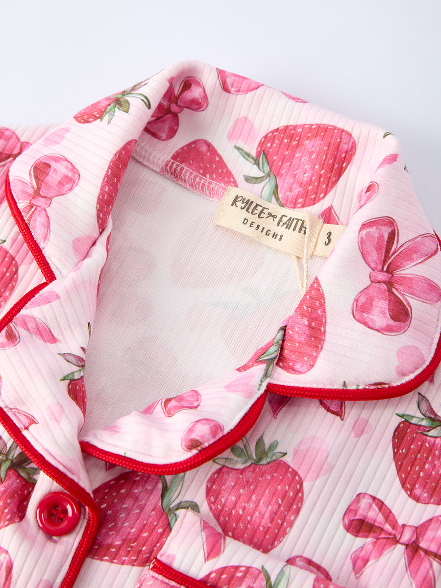 Spring Strawberry Bow Short Sleeve Shorts Pajama Set