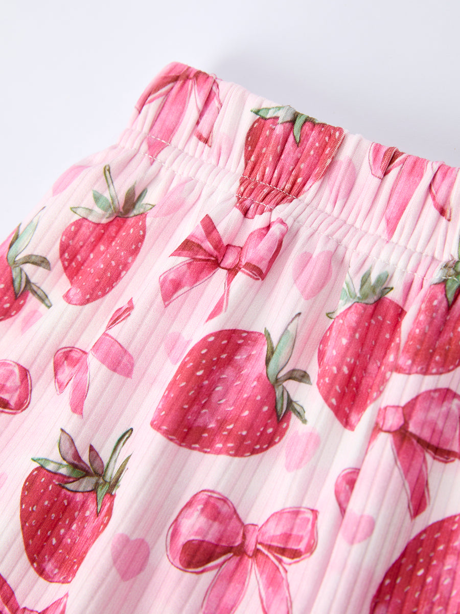 Spring Strawberry Bow Short Sleeve Shorts Pajama Set