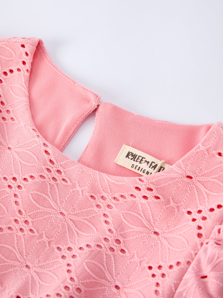 Pink Eyelet Embroidered Girl Short Sleeve Dress