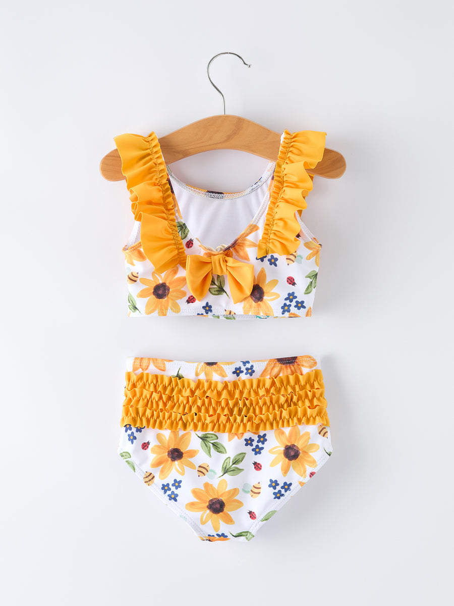 Sunflower Print Ruffle Strap Girl Two Piece Swimsuit