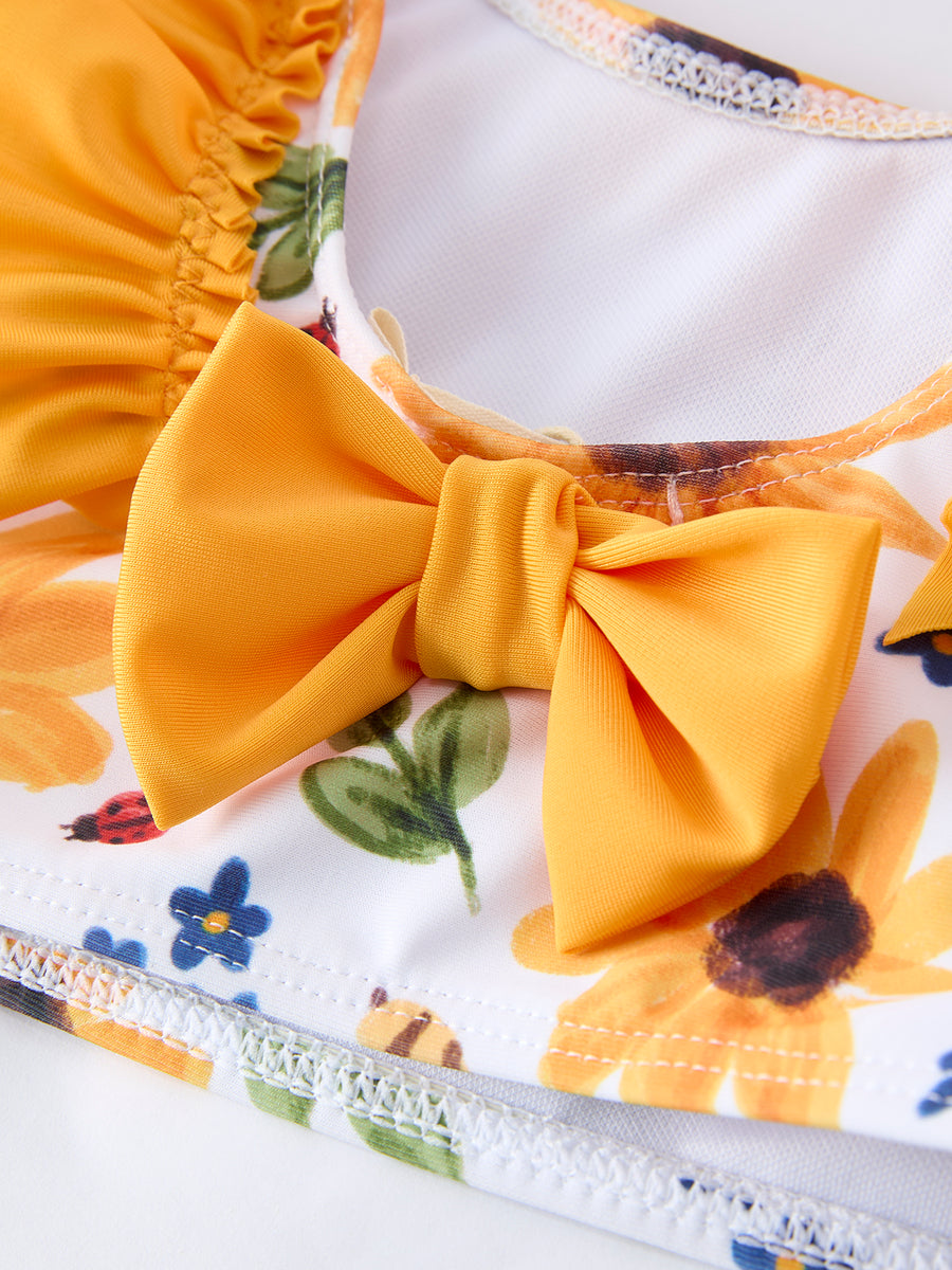 Sunflower Print Ruffle Strap Girl Two Piece Swimsuit