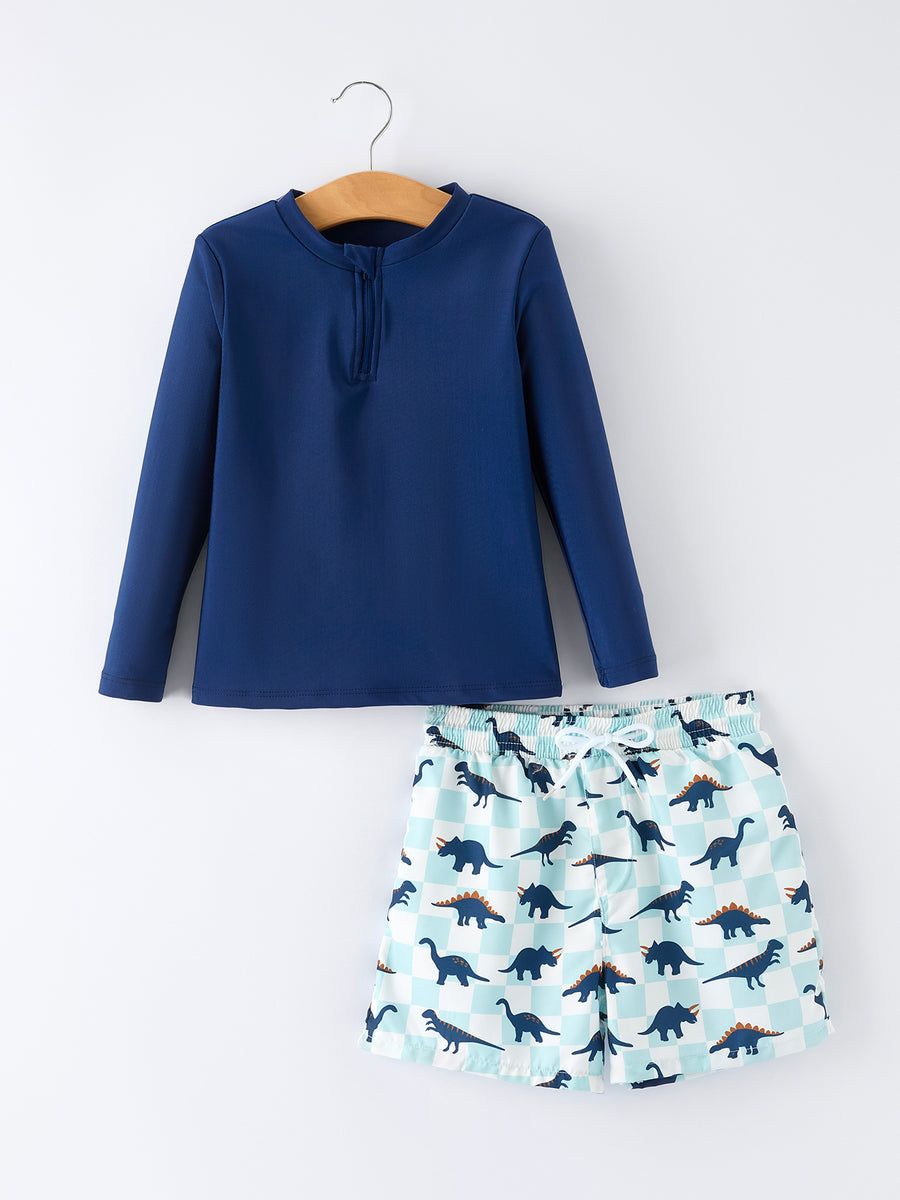 Dinosaur Plaid Boys Two Piece Swimsuit Long Sleeve
