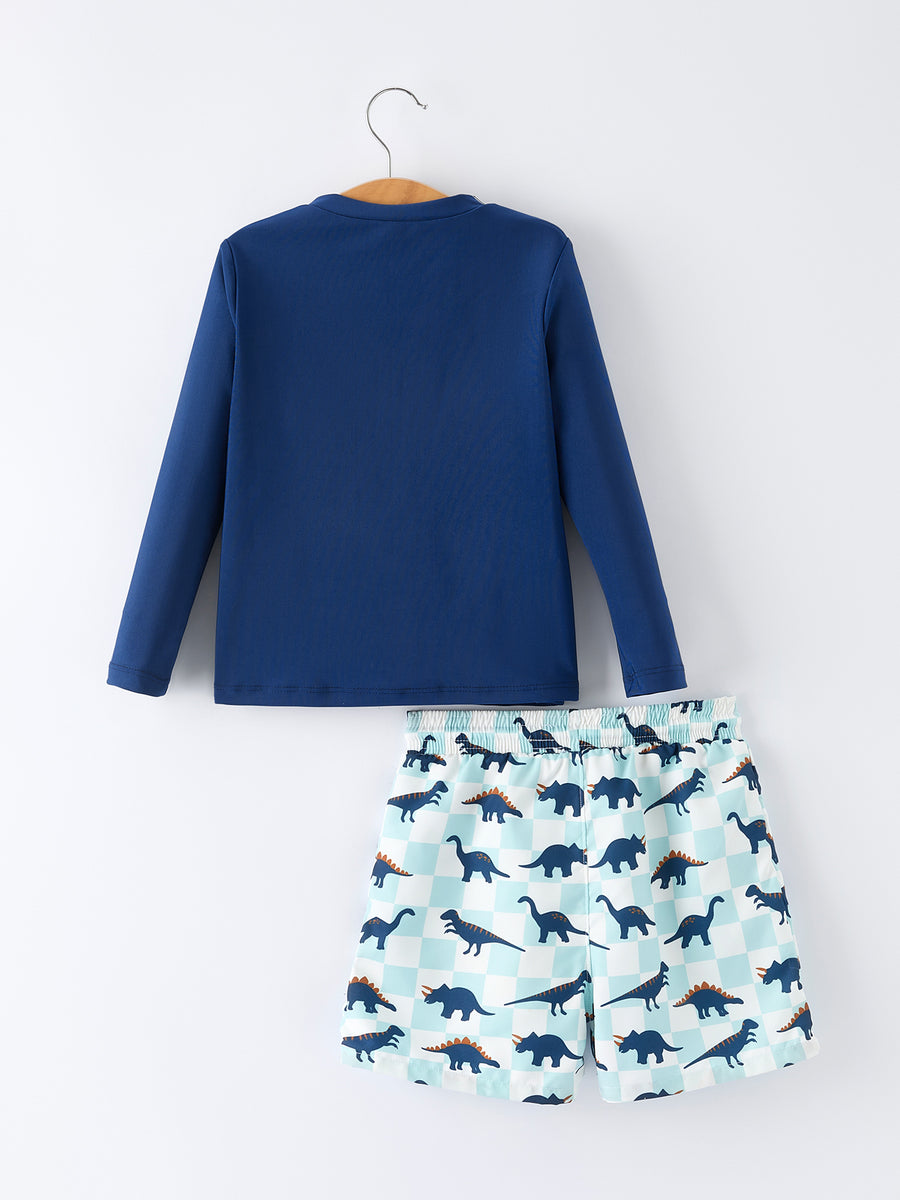 Dinosaur Plaid Boys Two Piece Swimsuit Long Sleeve