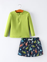 Space Dinosaur Boys Two Piece Swimsuit Long Sleeve