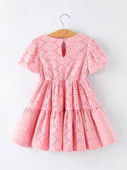Pink Eyelet Embroidered Girl Short Sleeve Dress