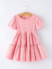 Pink Eyelet Embroidered Girl Short Sleeve Dress