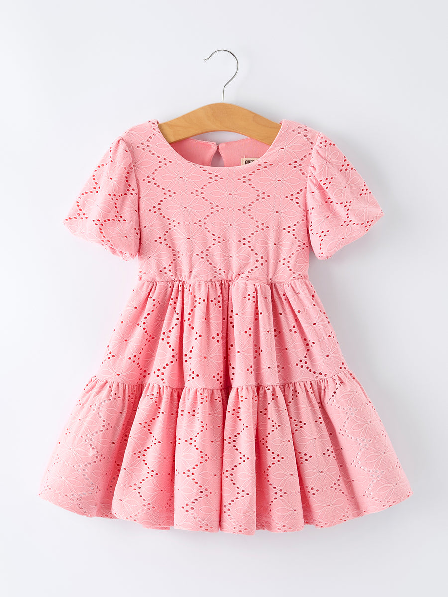 Pink Eyelet Embroidered Girl Short Sleeve Dress