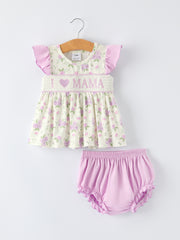 Floral “I ❤ MAMA” Smocked Baby Girls Bloomer Set