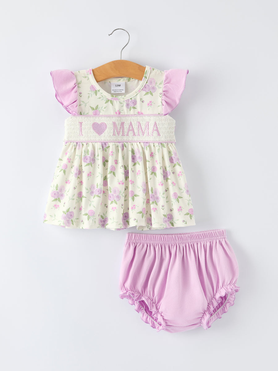 Floral “I ❤ MAMA” Smocked Baby Girls Bloomer Set