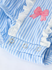 Blue Stripe Girl Romper Petal Peter Pan Collar Bow