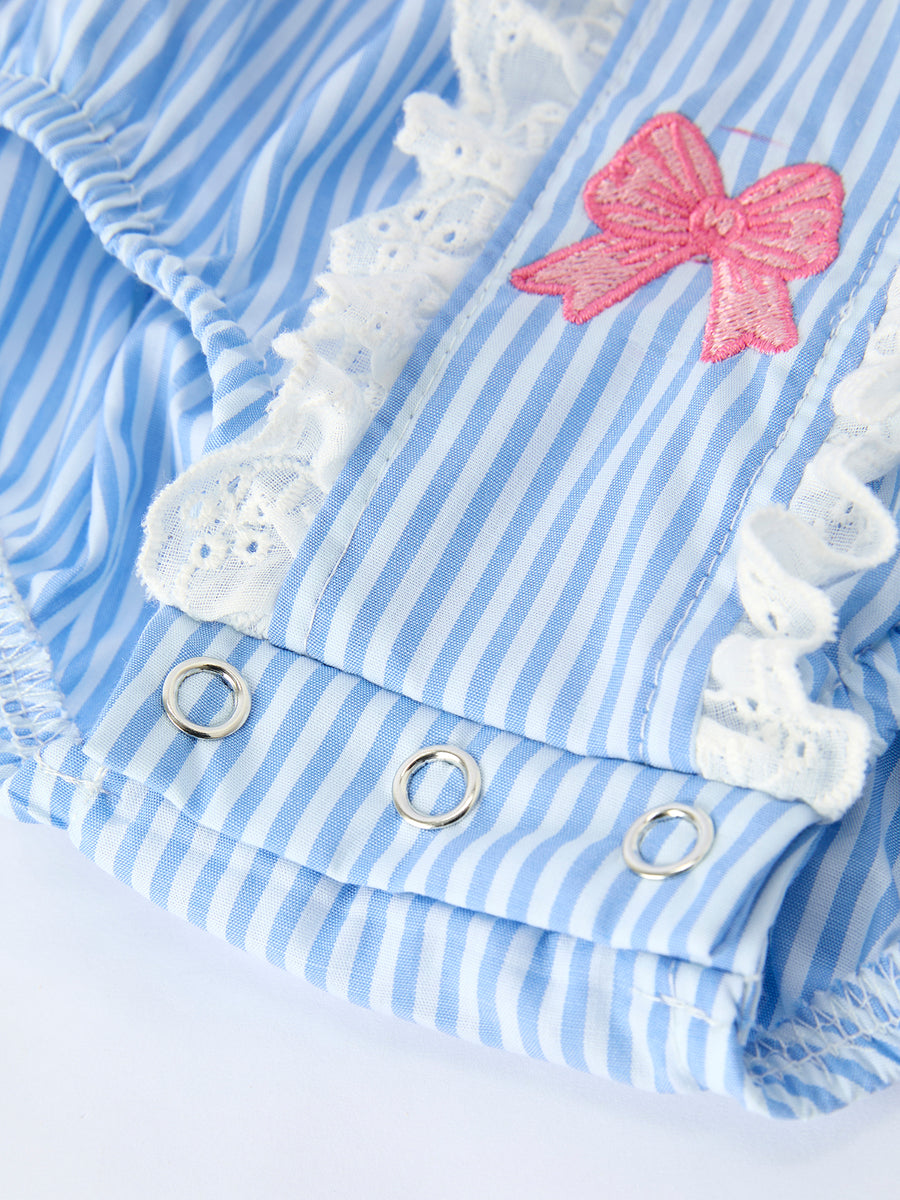 Blue Stripe Girl Romper Petal Peter Pan Collar Bow