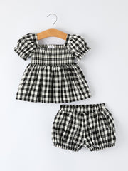 Plaid Girl Smocked Set Puff Sleeve Bloomer Set