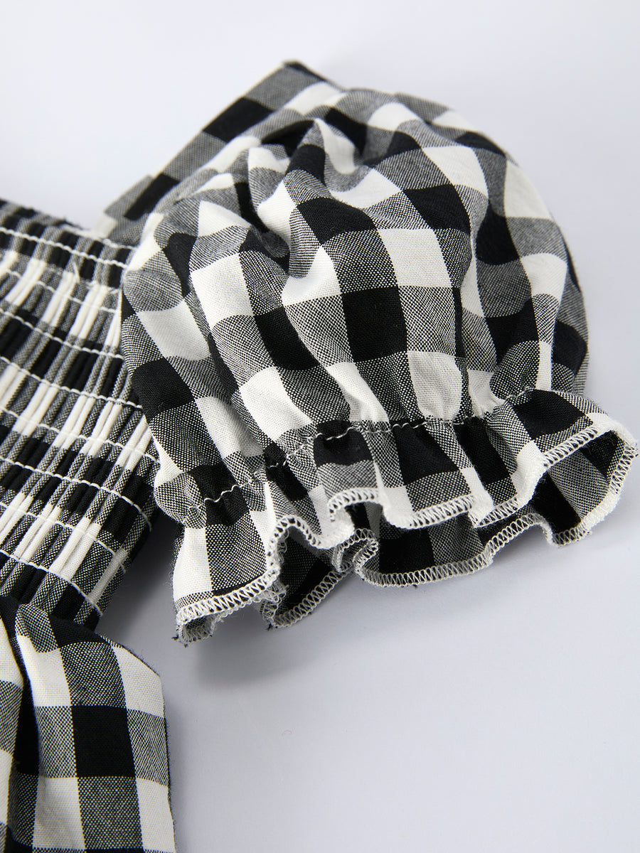 Plaid Girl Smocked Set Puff Sleeve Bloomer Set