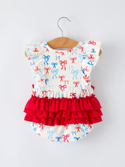 4th of july Bow Print Baby Girl Romper With Ruffle Details