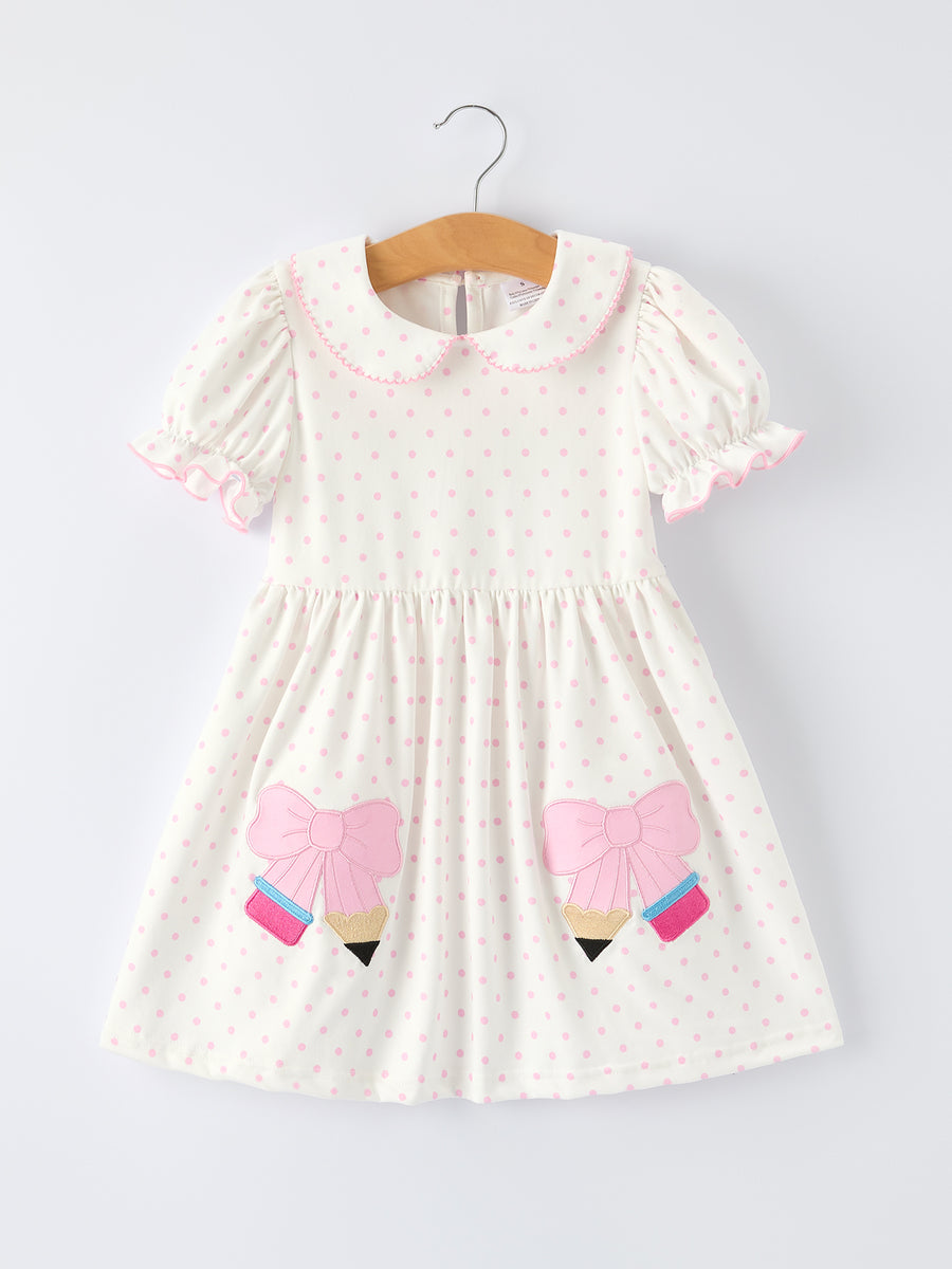Back to School Polka Dot Girls Dress Pencil Bow Applique