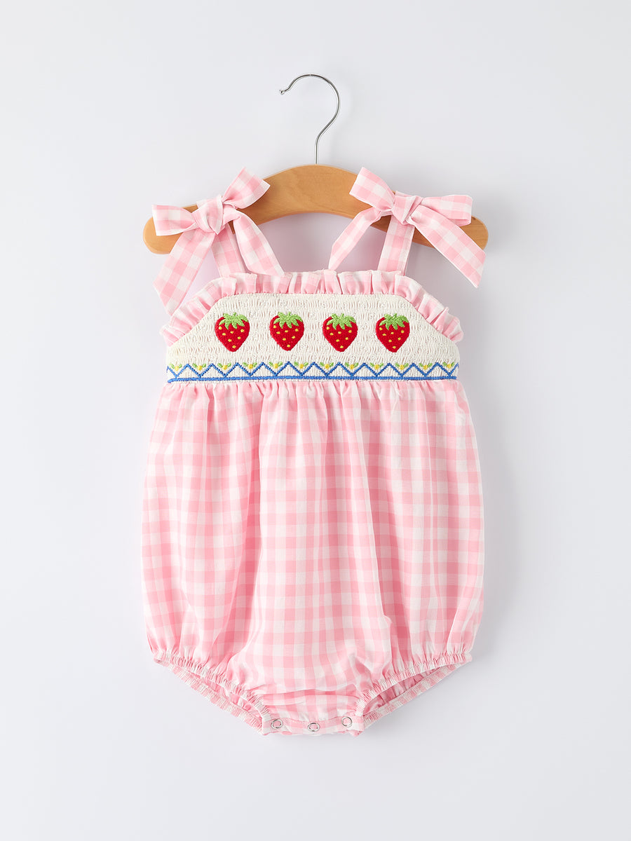 Strawberry Embroidery Girl Romper Bow Strap Ruffle