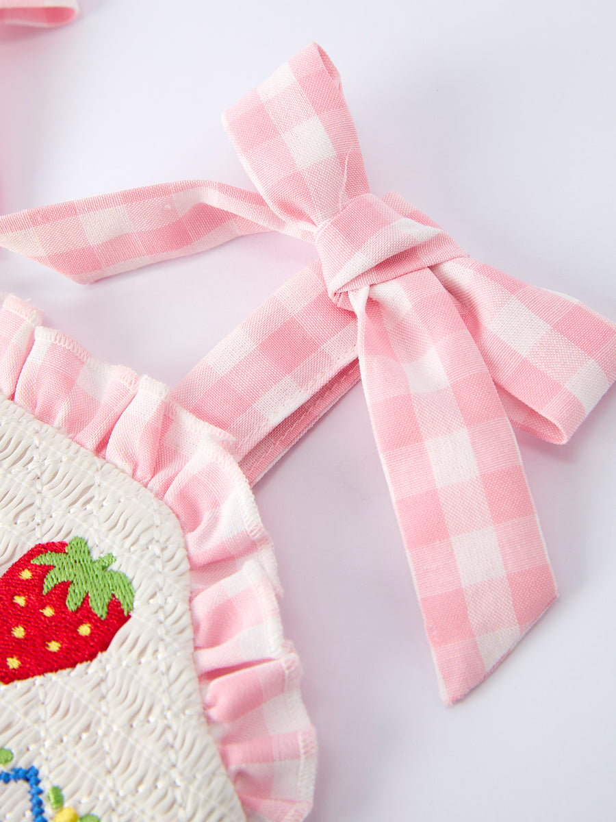Strawberry Embroidery Girl Romper Bow Strap Ruffle