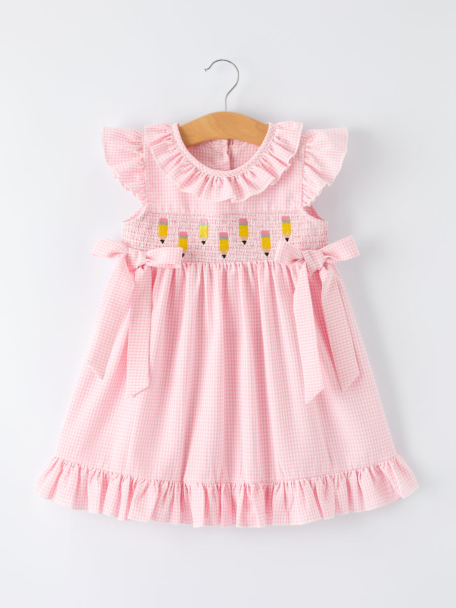Back to School Pencil Plaid Girls Smocked Ruffle Collar Dress