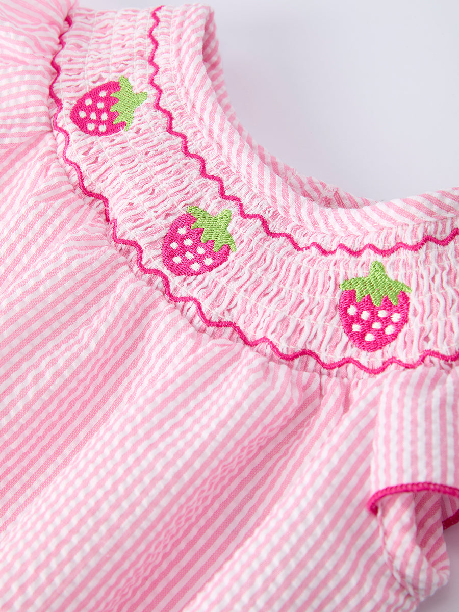 Strawberry Smocked Girl Romper Bow Ruffle