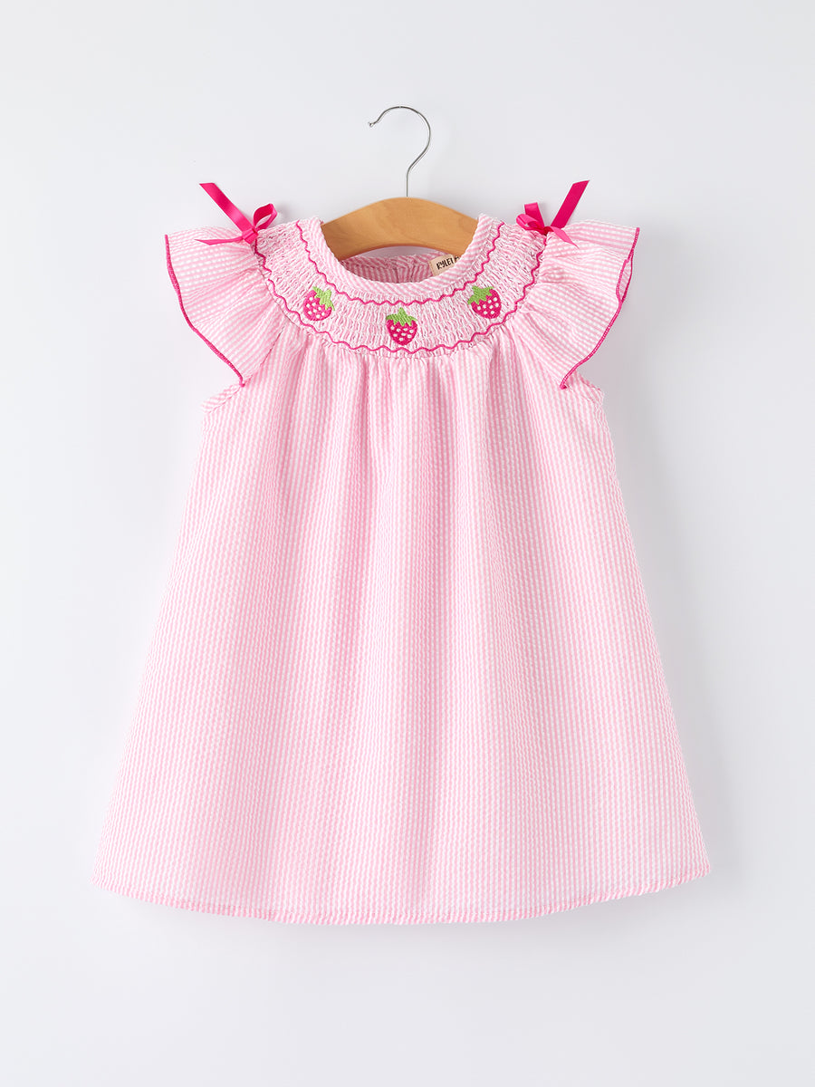 Strawberry Smocked Girl Dress Bow Ruffle