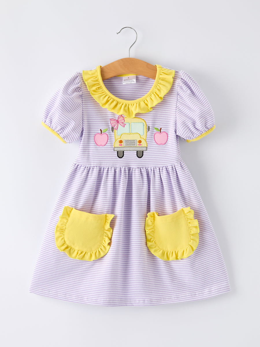 Back to School Bus Applique Ruffle Pocket Girls Dress