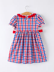 4th of July Plaid Flag Girl Dress With Bow
