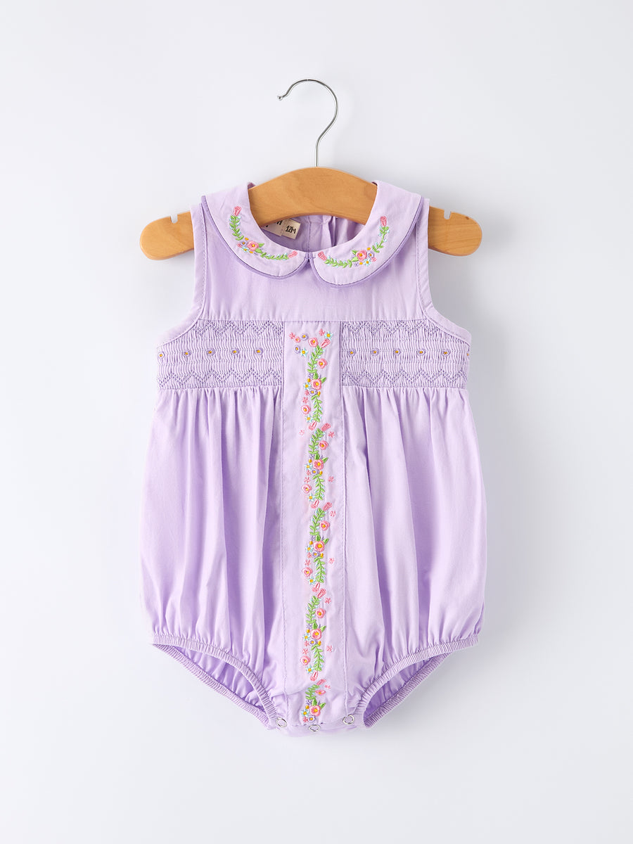 Floral Embroidered Girl Romper with Lavender Peter Pan Collar