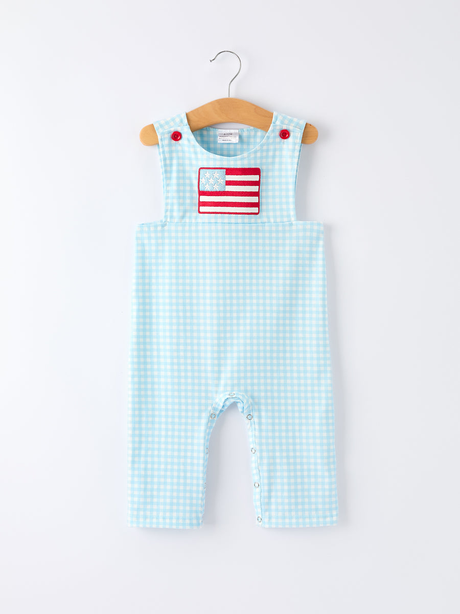 July 4th Plaid Boys Romper Flag Embroidery